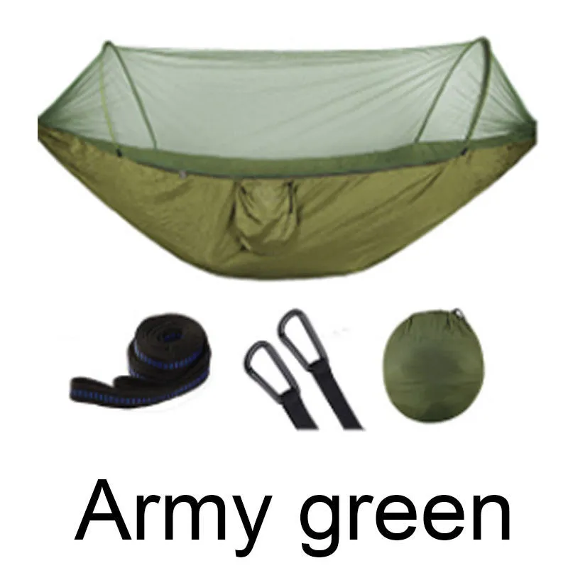 Double hammock bed 260x150cm in Army Green with mosquito-blocking mesh on a camping site