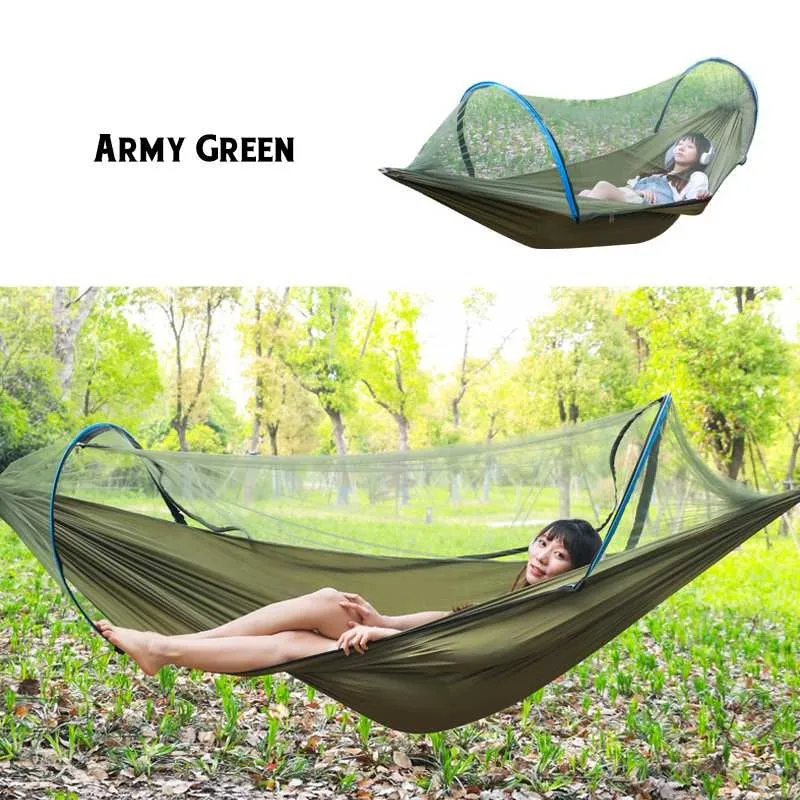 Double hammock bed 260x150cm in Army Green with mosquito-blocking mesh on a camping site