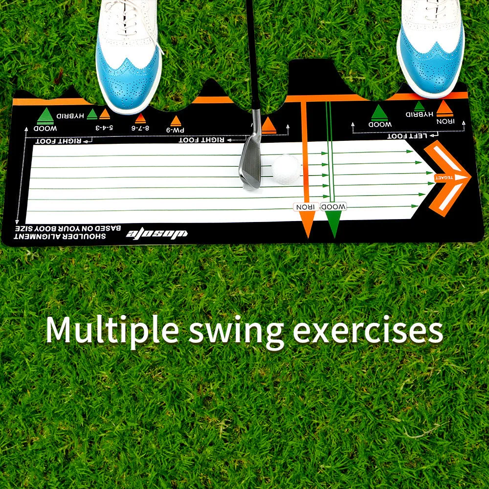 Black neoprene golf swing stance correction pad on grass