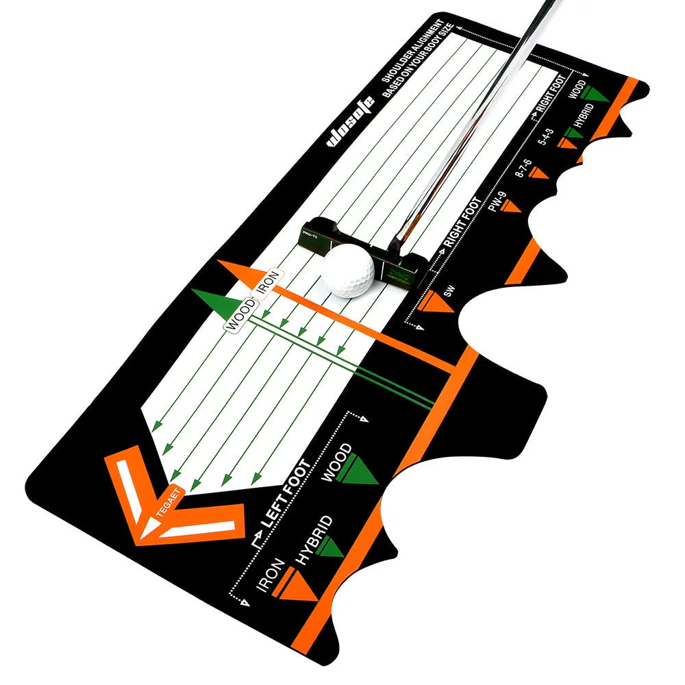 Black neoprene golf swing stance correction pad on grass
