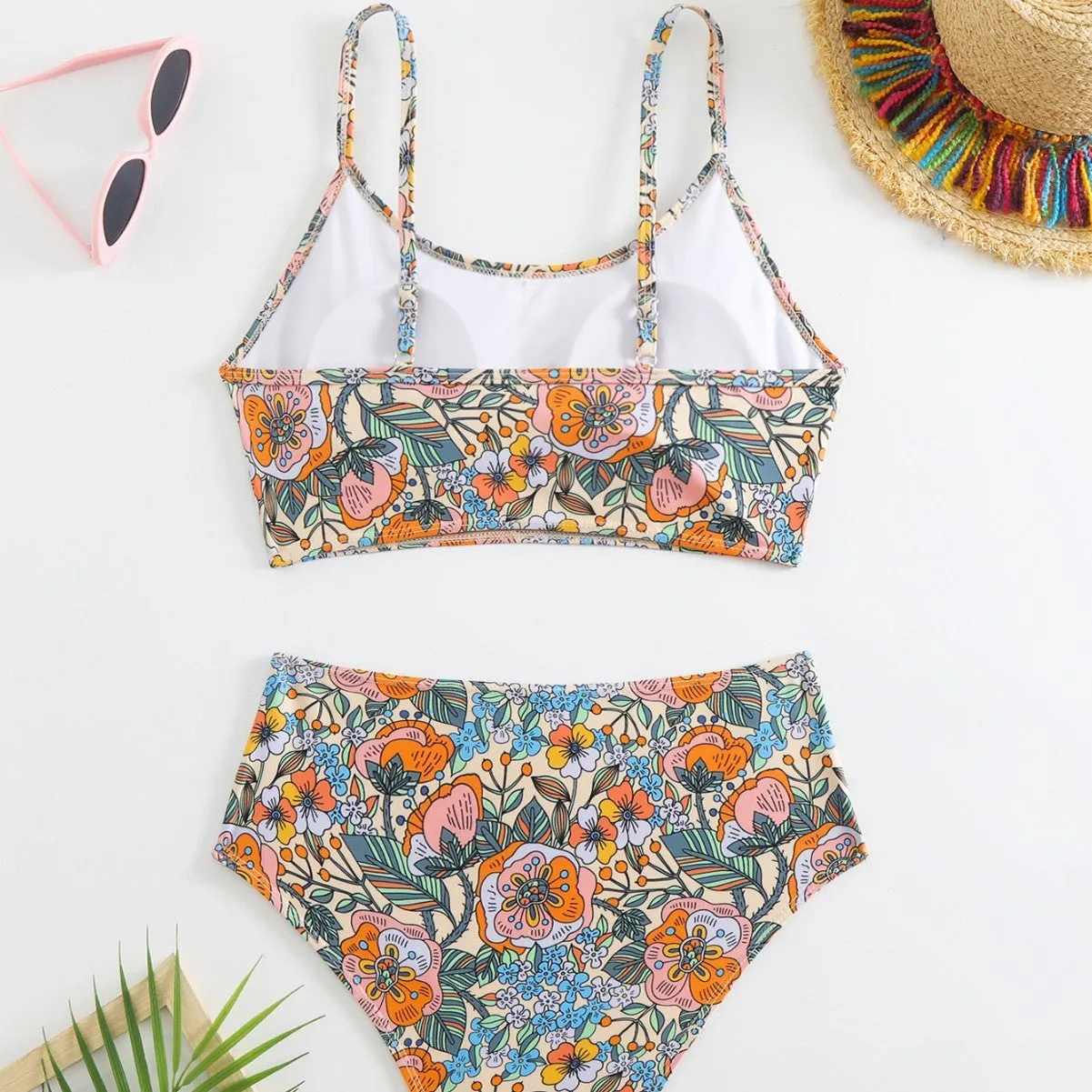 Printed high-waist bikini set for women in polyester with floral pattern, bra top and briefs