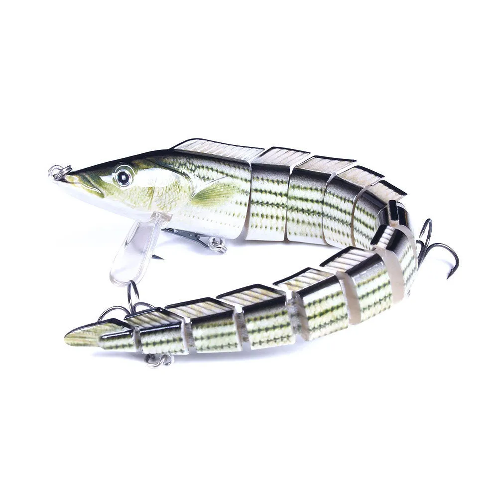 Multi-section simulated loach fishing lure showing jointed body design and colour variation options