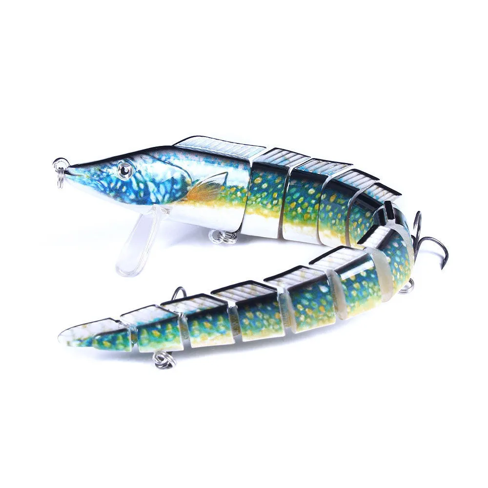 Multi-section simulated loach fishing lure showing jointed body design and colour variation options
