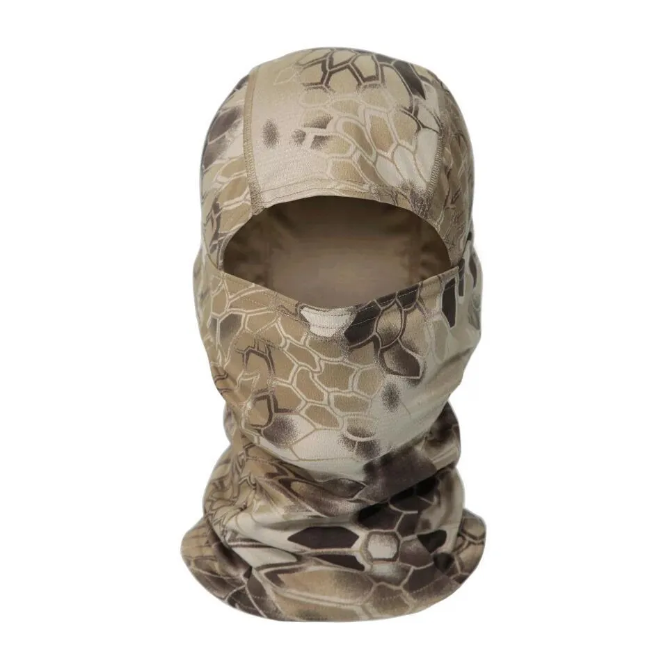 Tactical camouflage balaclava full face scarf mask in spandex/lycra with moisture wicking headband, multiple patterns available
