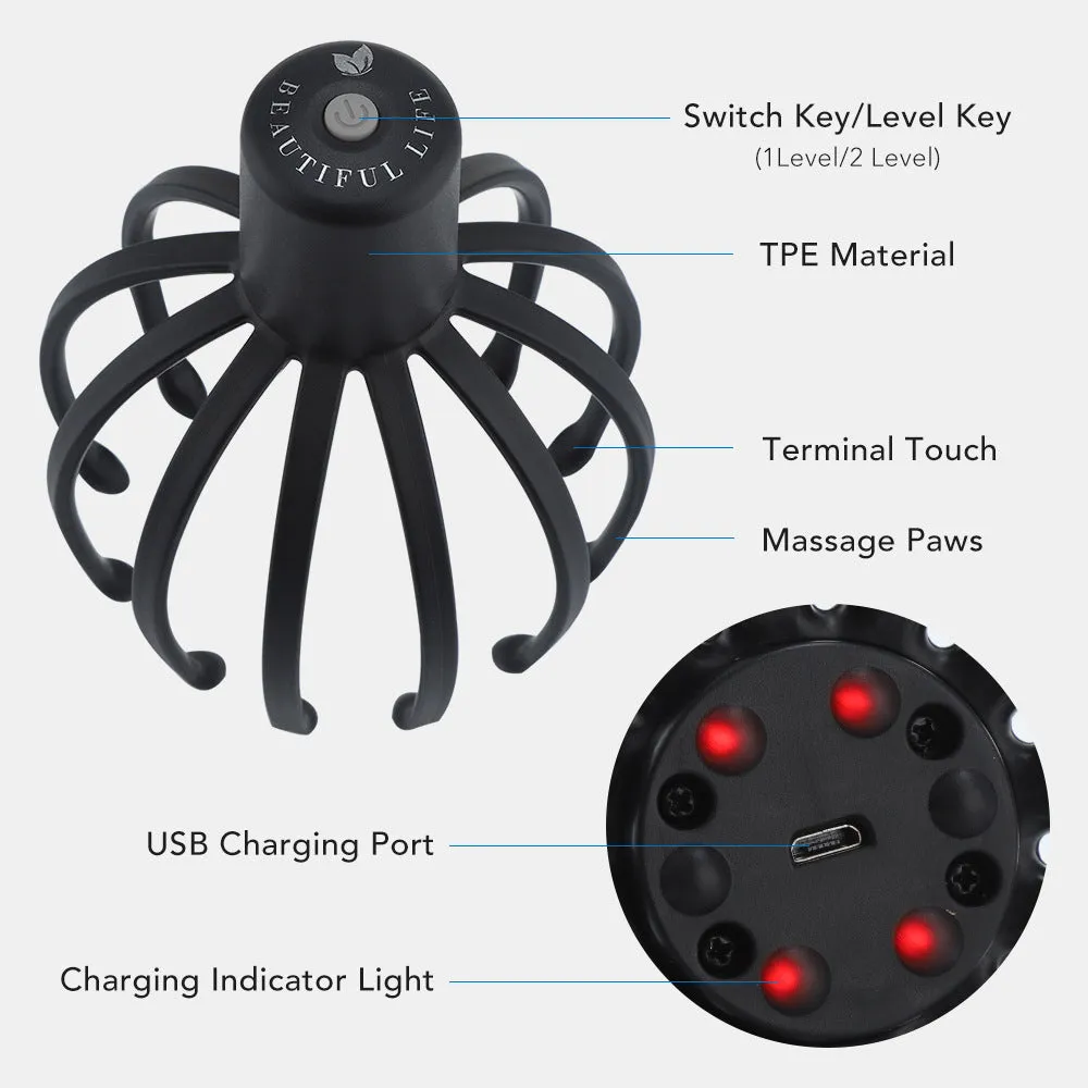 Octopus Electric Head Massage Tingler multi-claw scalp massager with TPE claws in black rechargeable variant