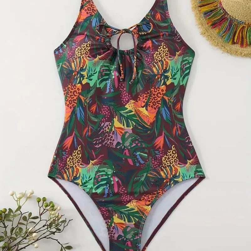 Women's one-piece printed triangle swimsuit in high-elasticity polyester, backless design, sleeveless, size S to XL