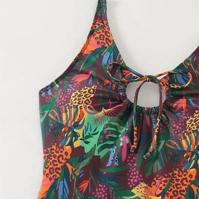 Women's one-piece printed triangle swimsuit in high-elasticity polyester, backless design, sleeveless, size S to XL