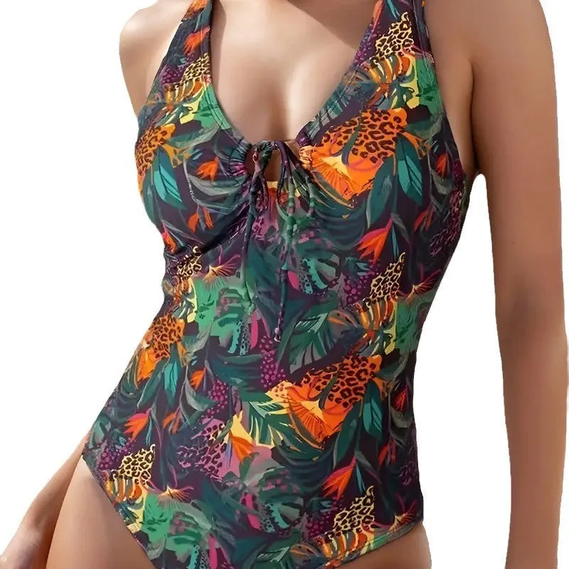 Women's one-piece printed triangle swimsuit in high-elasticity polyester, backless design, sleeveless, size S to XL