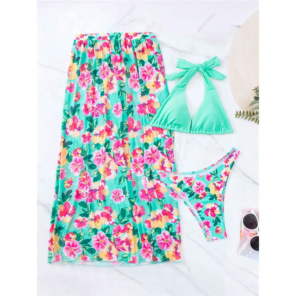 Printed high slit three-piece swimsuit set for women in Lake Green and Rose Red, sizes S to XL, polyester fabric