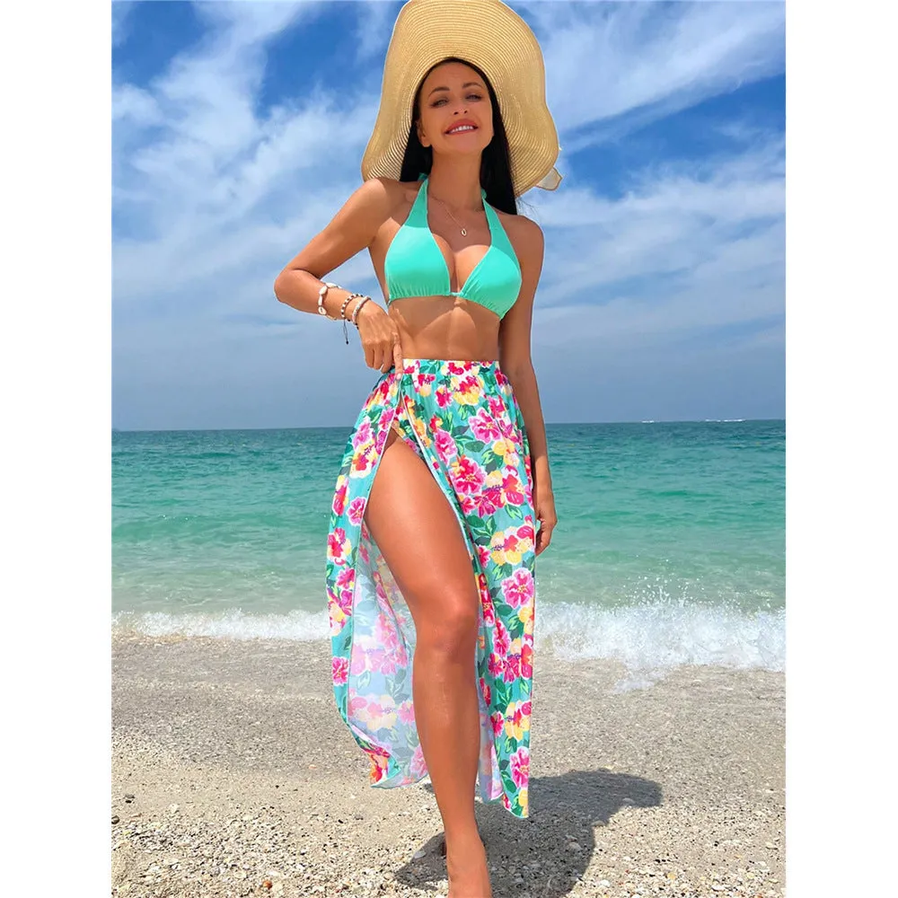 Printed high slit three-piece swimsuit set for women in Lake Green and Rose Red, sizes S to XL, polyester fabric