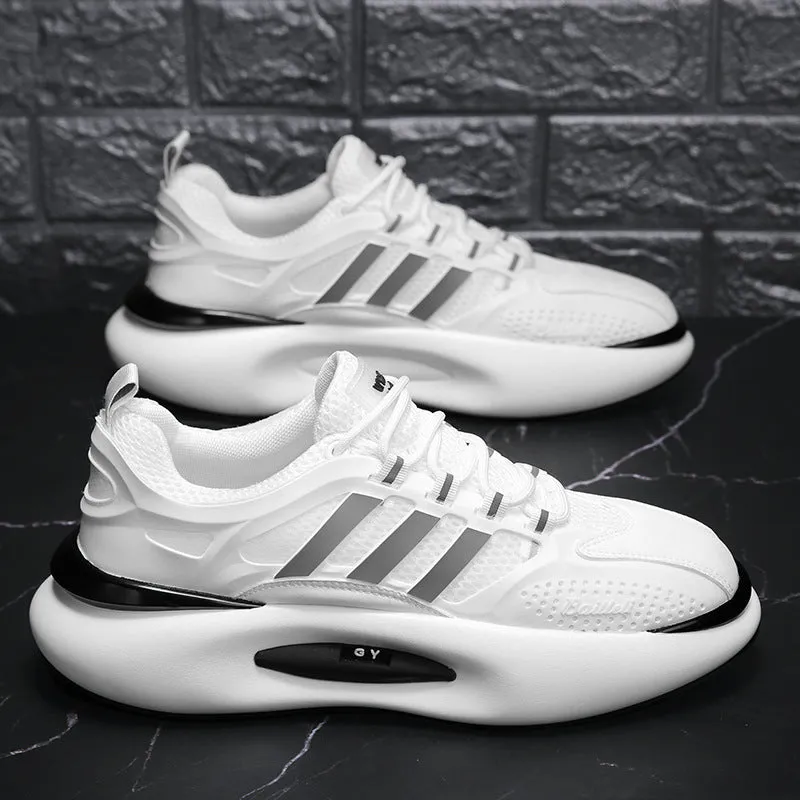 Men's mesh breathable running sneakers in white with green trim, rubber sole, front lacing, round toe