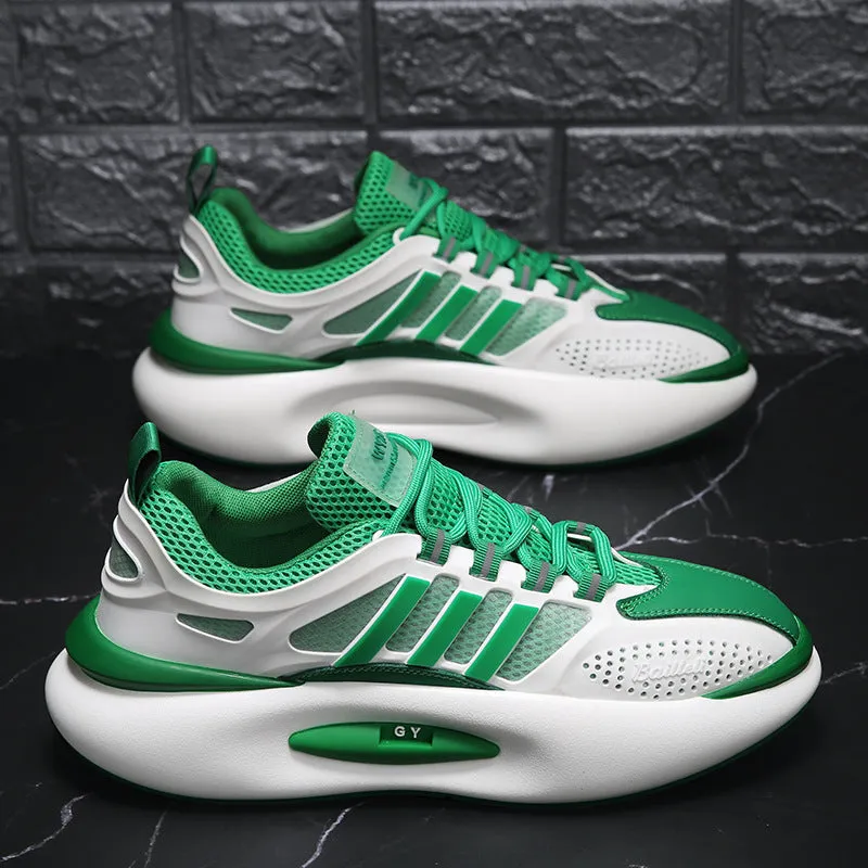 Men's mesh breathable running sneakers in white with green trim, rubber sole, front lacing, round toe