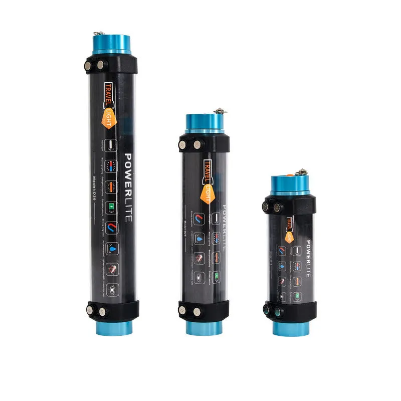 Waterproof USB rechargeable campsite light in black and blue with 200m exposure distance outdoors
