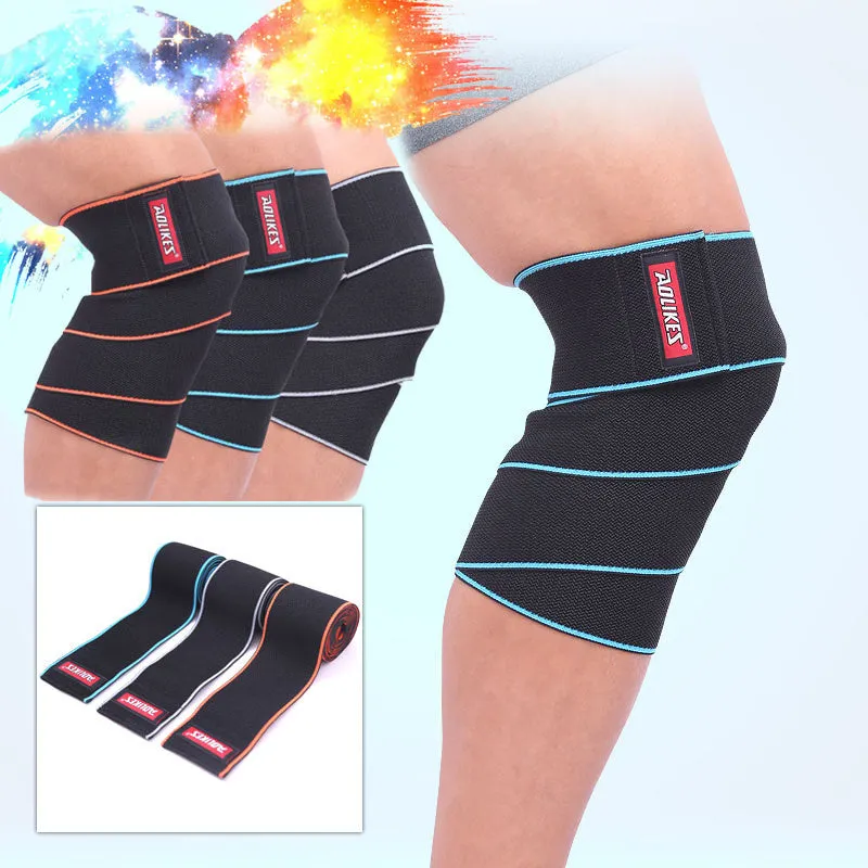 Aolikes orange lifting knee wrap with velcro fastening stretched out for squats