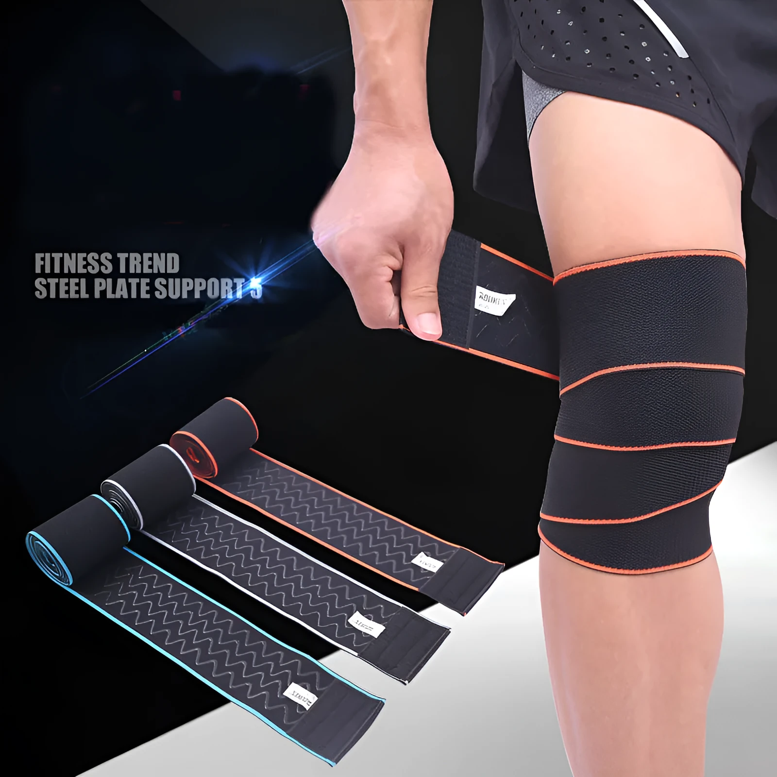 Aolikes orange lifting knee wrap with velcro fastening stretched out for squats
