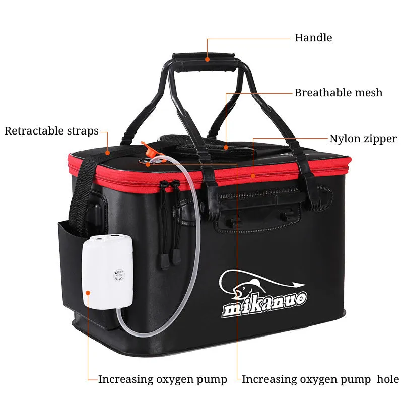 EVA portable fishing bag folding live fish box in black with thick nylon zipper