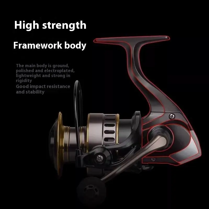 HE series all-metal spinning fishing reel with metal lotus grip pill on a dark background