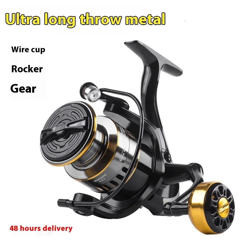 HE series all-metal spinning fishing reel with metal lotus grip pill on a dark background