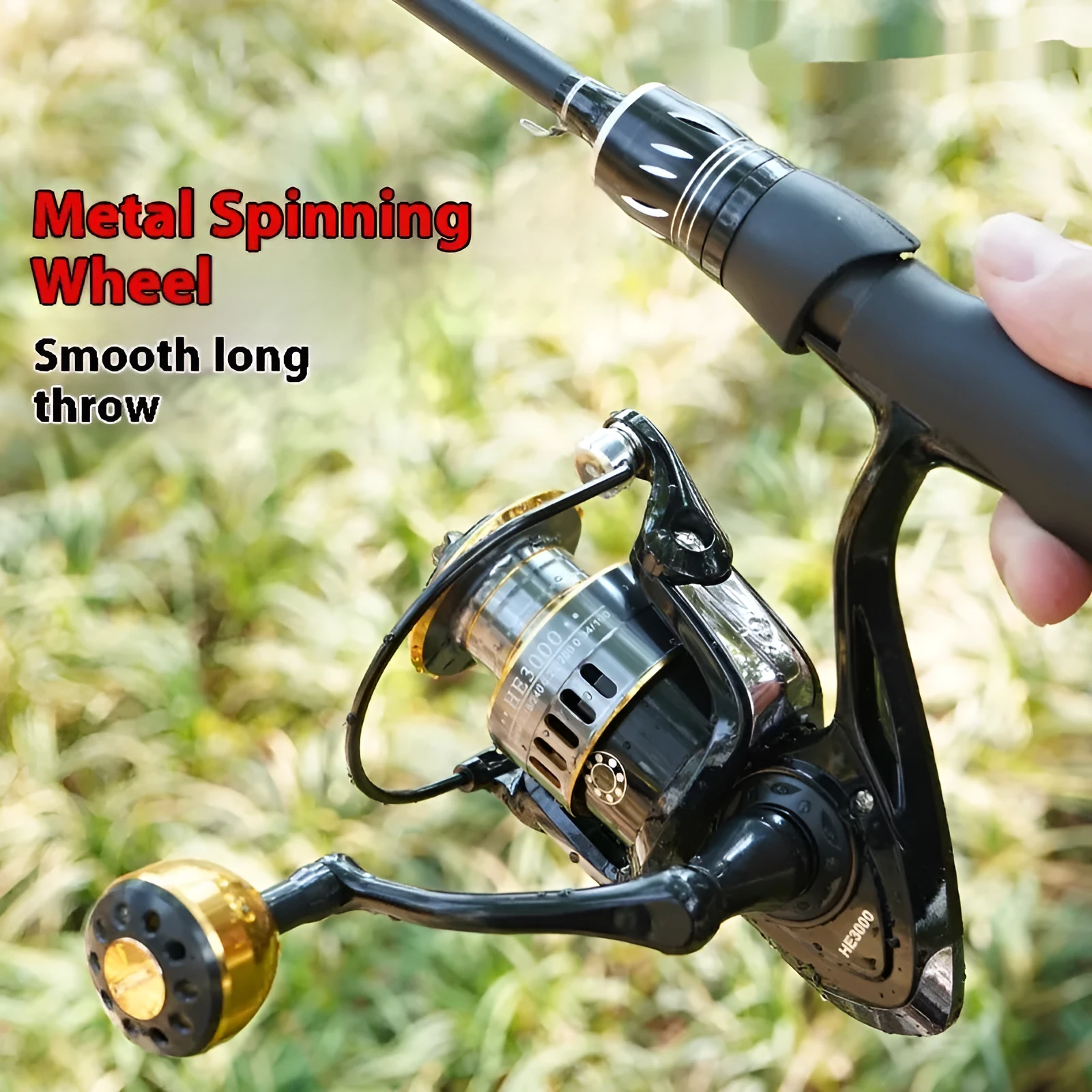 HE series all-metal spinning fishing reel with metal lotus grip pill on a dark background