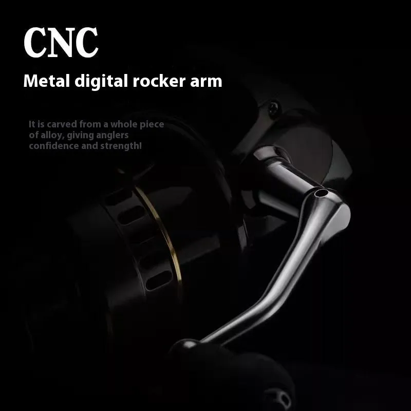 HE series all-metal spinning fishing reel with metal lotus grip pill on a dark background