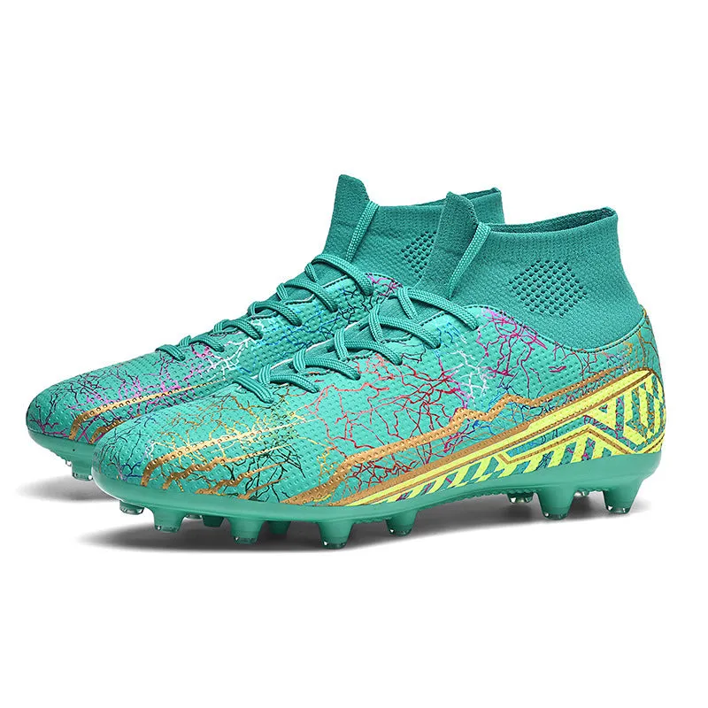 High-top youth spike turf soccer shoes with PVC upper and rubber sole on artificial grass