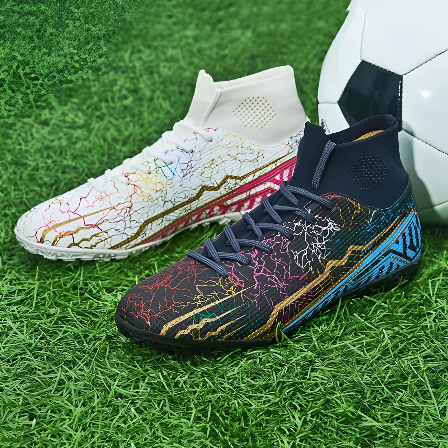 High-top youth spike turf soccer shoes with PVC upper and rubber sole on artificial grass