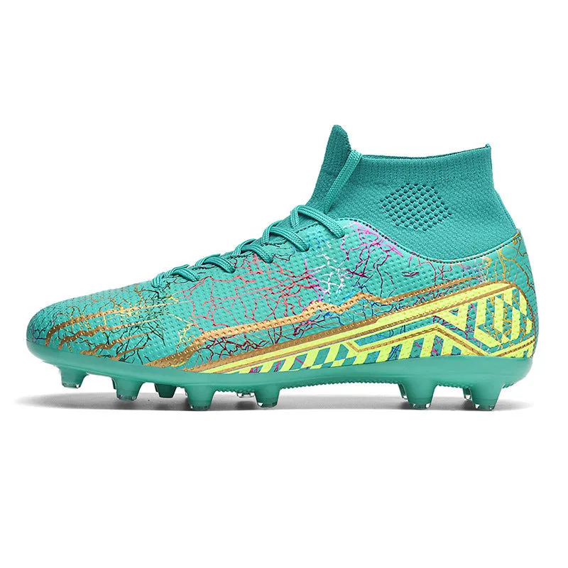 High-top youth spike turf soccer shoes with PVC upper and rubber sole on artificial grass