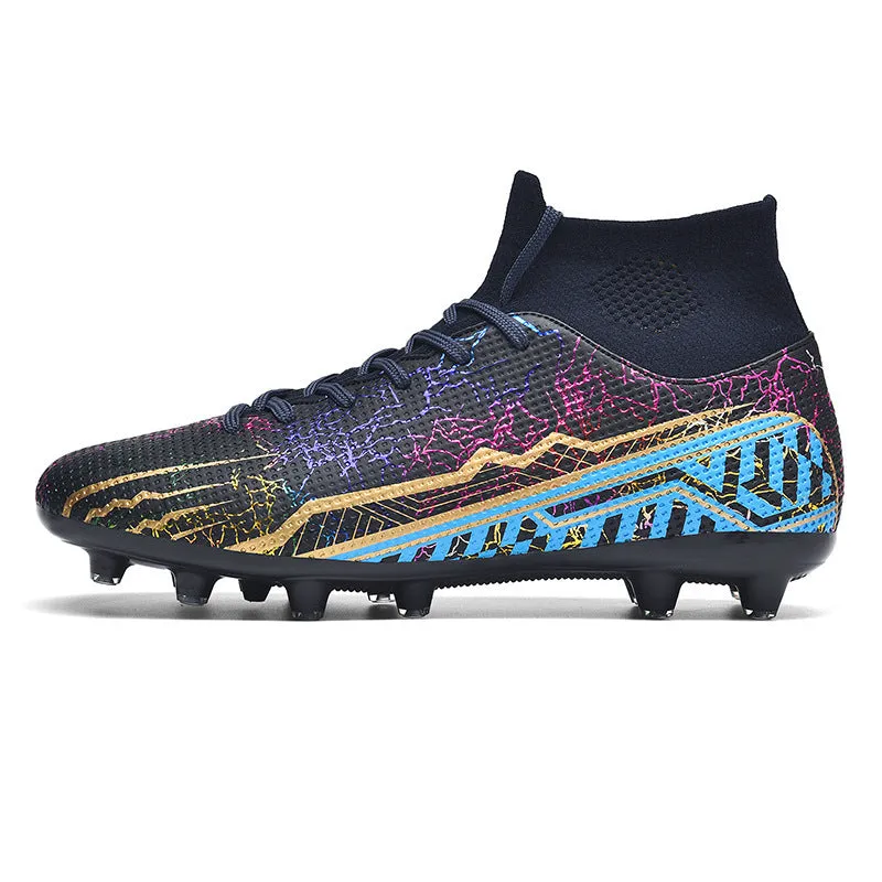 High-top youth spike turf soccer shoes with PVC upper and rubber sole on artificial grass
