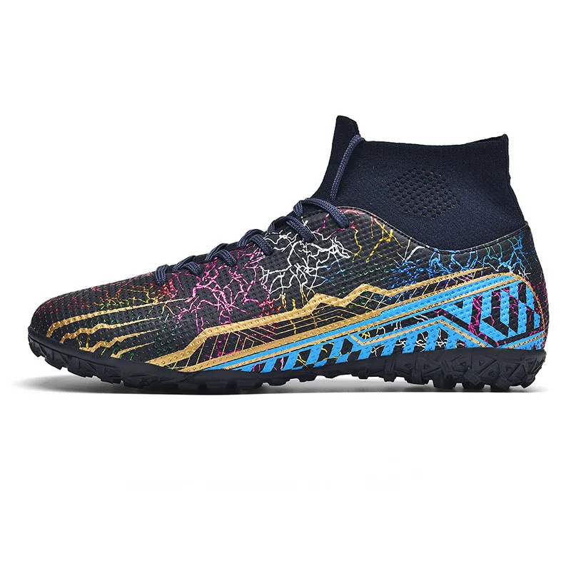 High-top youth spike turf soccer shoes with PVC upper and rubber sole on artificial grass