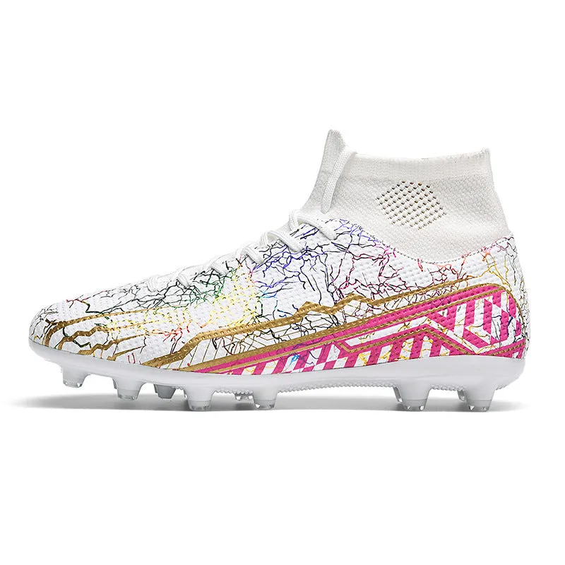 High-top youth spike turf soccer shoes with PVC upper and rubber sole on artificial grass