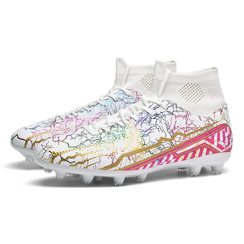 High-top youth spike turf soccer shoes with PVC upper and rubber sole on artificial grass
