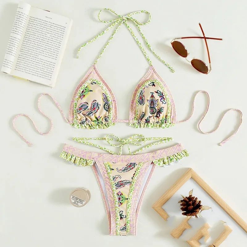 Women's three-point bikini swimsuit in yellow polyester briefs