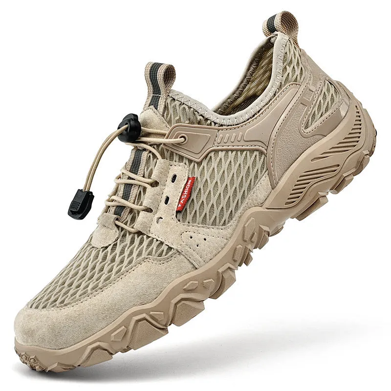 Men's summer leather mesh breathable outdoor hiking shoes, low top, black colour, side view showing elastic band and round toe