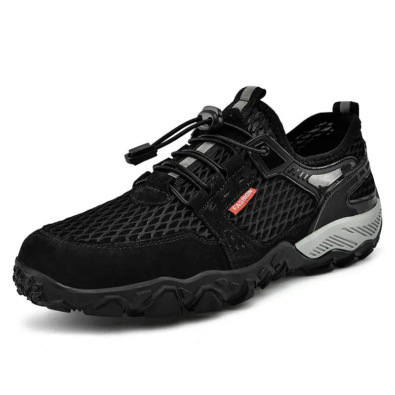 Men's summer leather mesh breathable outdoor hiking shoes, low top, black colour, side view showing elastic band and round toe