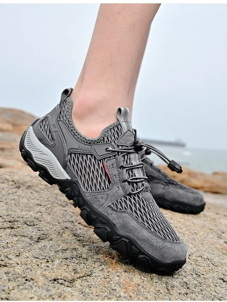 Men's summer leather mesh breathable outdoor hiking shoes, low top, black colour, side view showing elastic band and round toe