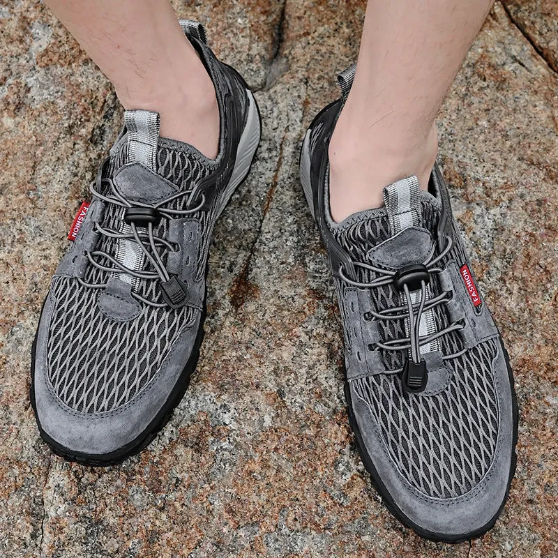 Men's summer leather mesh breathable outdoor hiking shoes, low top, black colour, side view showing elastic band and round toe
