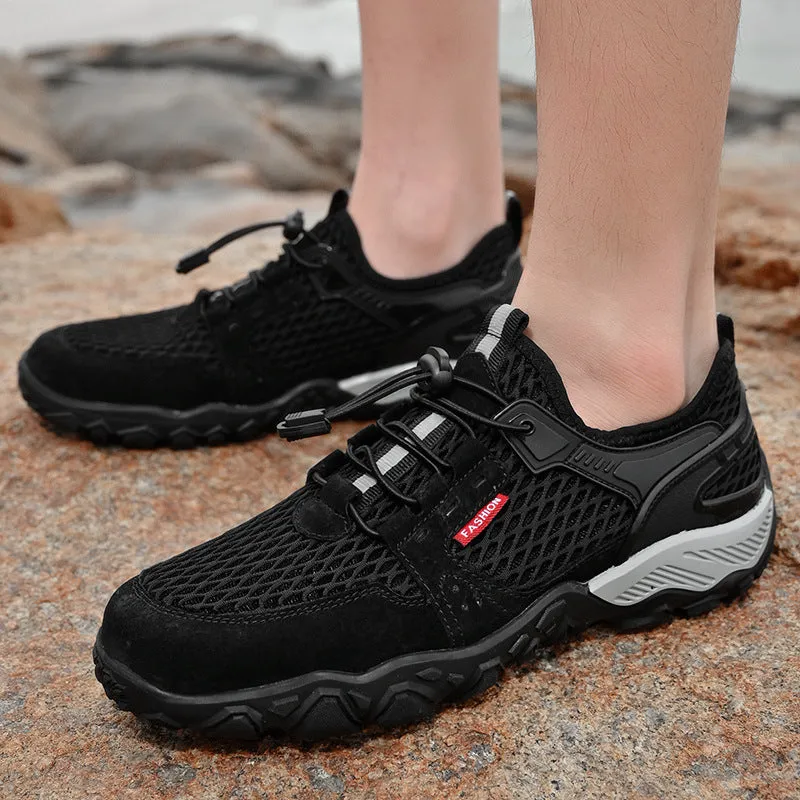 Men's summer leather mesh breathable outdoor hiking shoes, low top, black colour, side view showing elastic band and round toe
