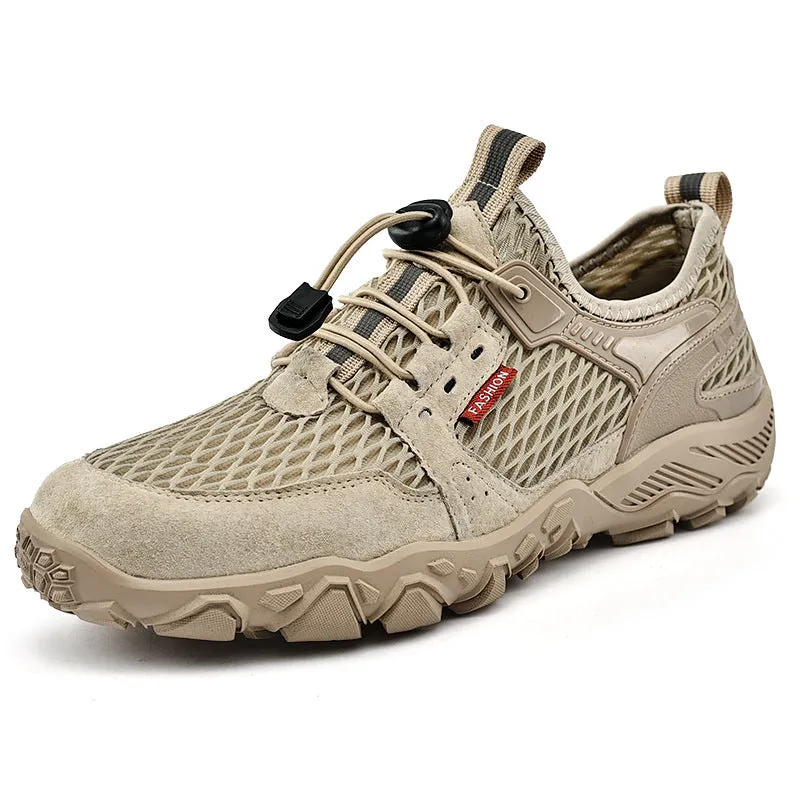 Men's summer leather mesh breathable outdoor hiking shoes, low top, black colour, side view showing elastic band and round toe