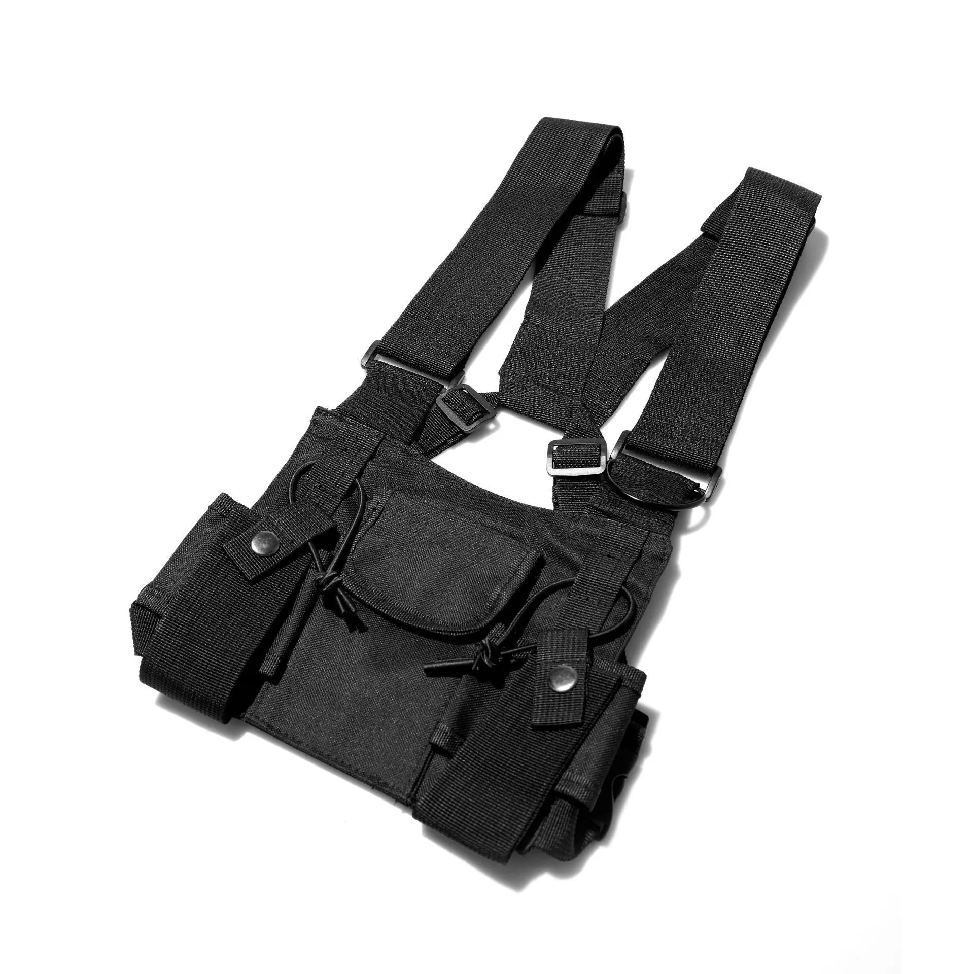 Black tactical tooling chest bag for men with Oxford cloth, striped pattern, and nylon lining
