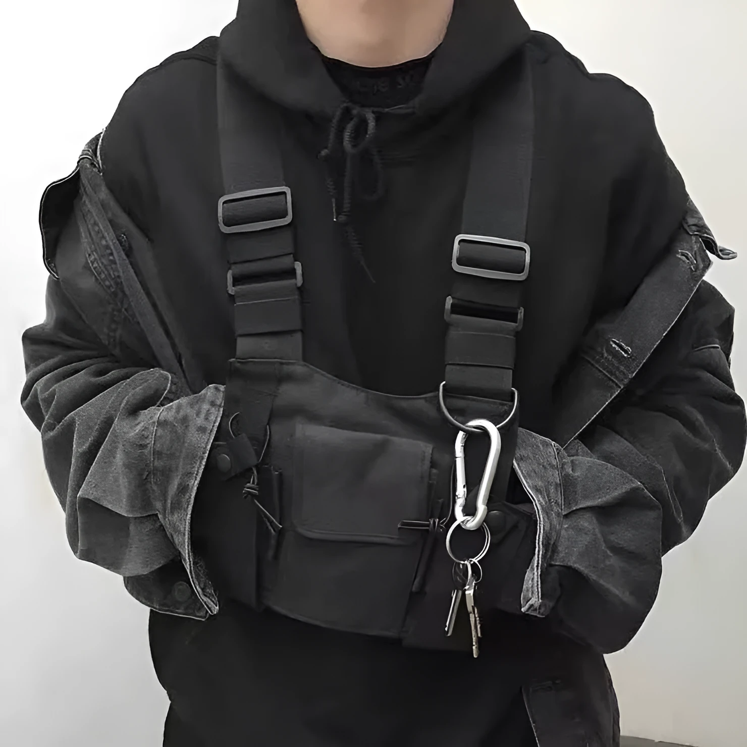 Black tactical tooling chest bag for men with Oxford cloth, striped pattern, and nylon lining