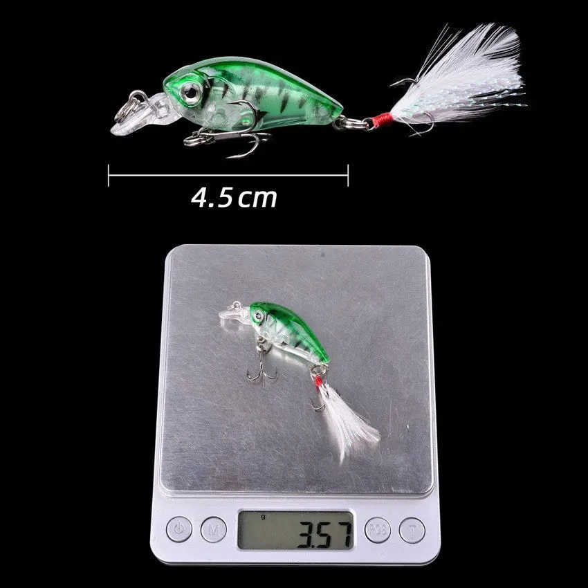 Lure Rock Little Fat Man 4.5cm feather fishing lure with 3D eyes and reinforced hook, five colour options on white background