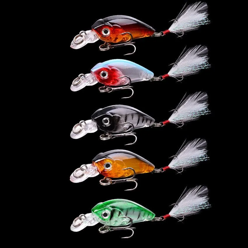 Lure Rock Little Fat Man 4.5cm feather fishing lure with 3D eyes and reinforced hook, five colour options on white background