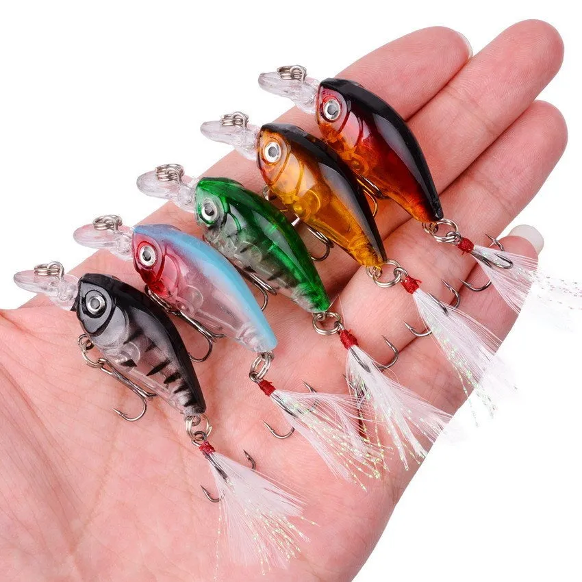 Lure Rock Little Fat Man 4.5cm feather fishing lure with 3D eyes and reinforced hook, five colour options on white background