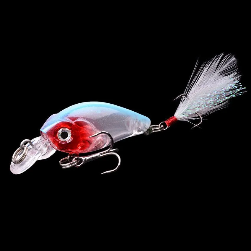 Lure Rock Little Fat Man 4.5cm feather fishing lure with 3D eyes and reinforced hook, five colour options on white background