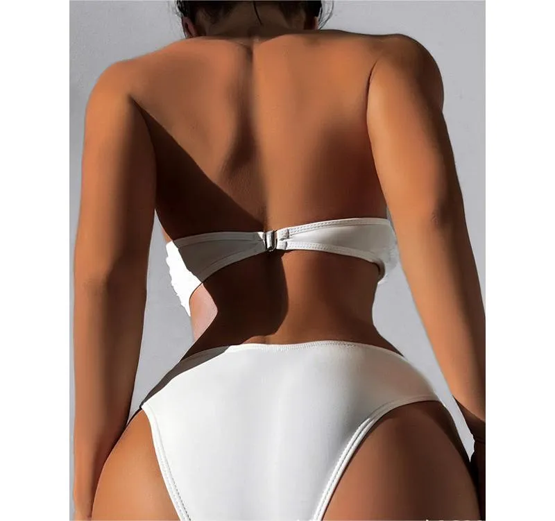 White women's tube top high waist bikini swimsuit set made from nylon and polyester