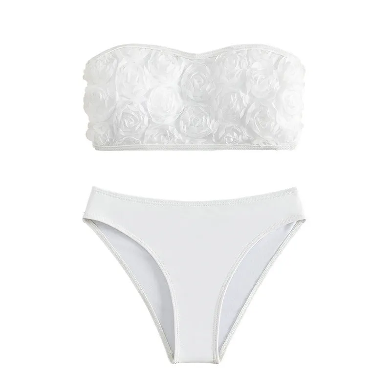 White women's tube top high waist bikini swimsuit set made from nylon and polyester