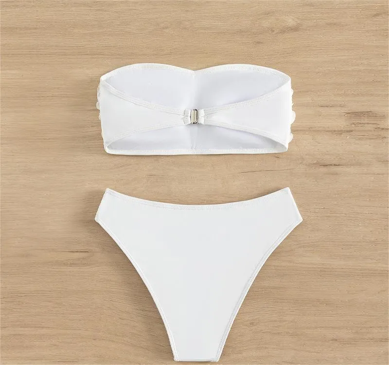 White women's tube top high waist bikini swimsuit set made from nylon and polyester