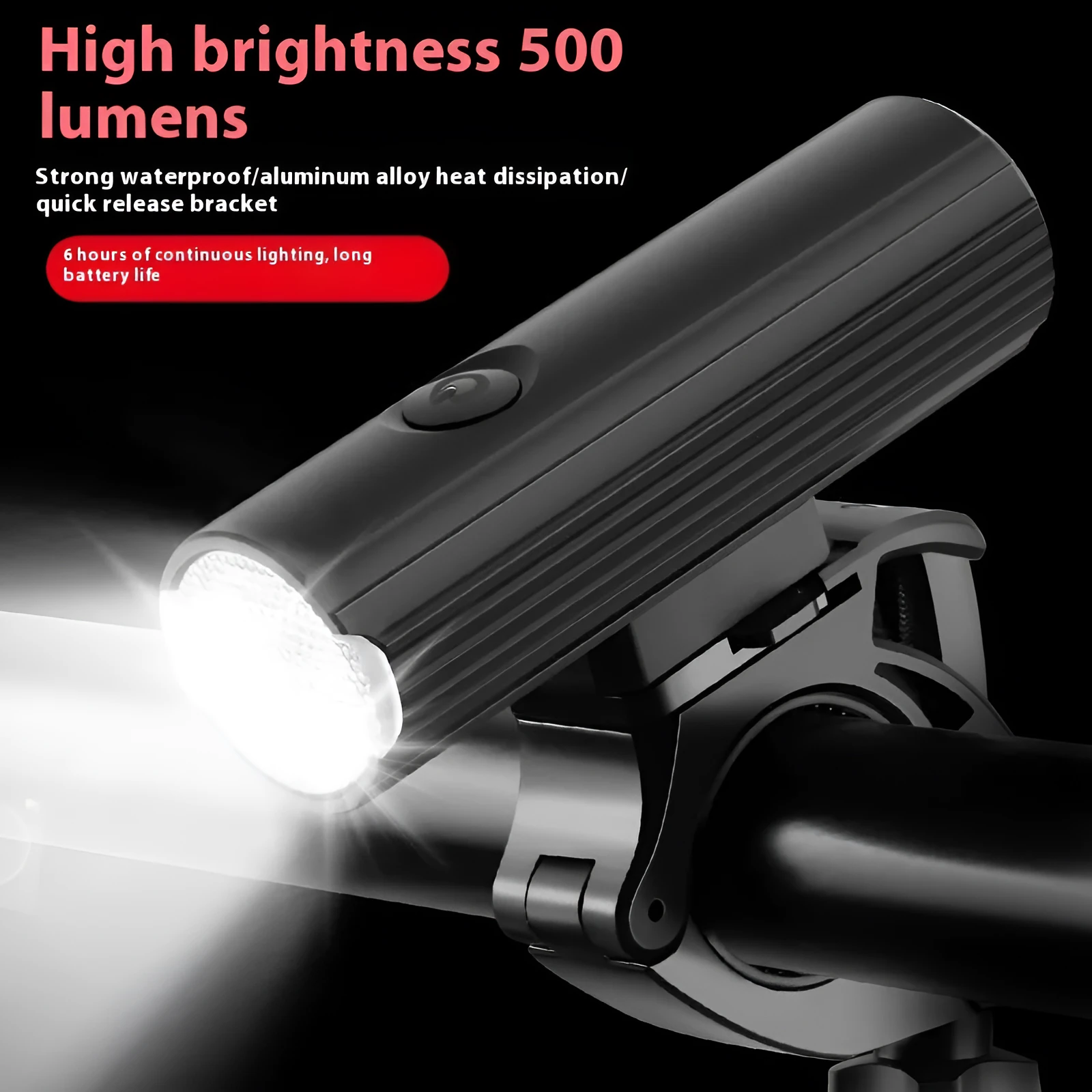 500 lumen aluminium alloy bicycle headlight with silicone base bracket mounted on handlebars