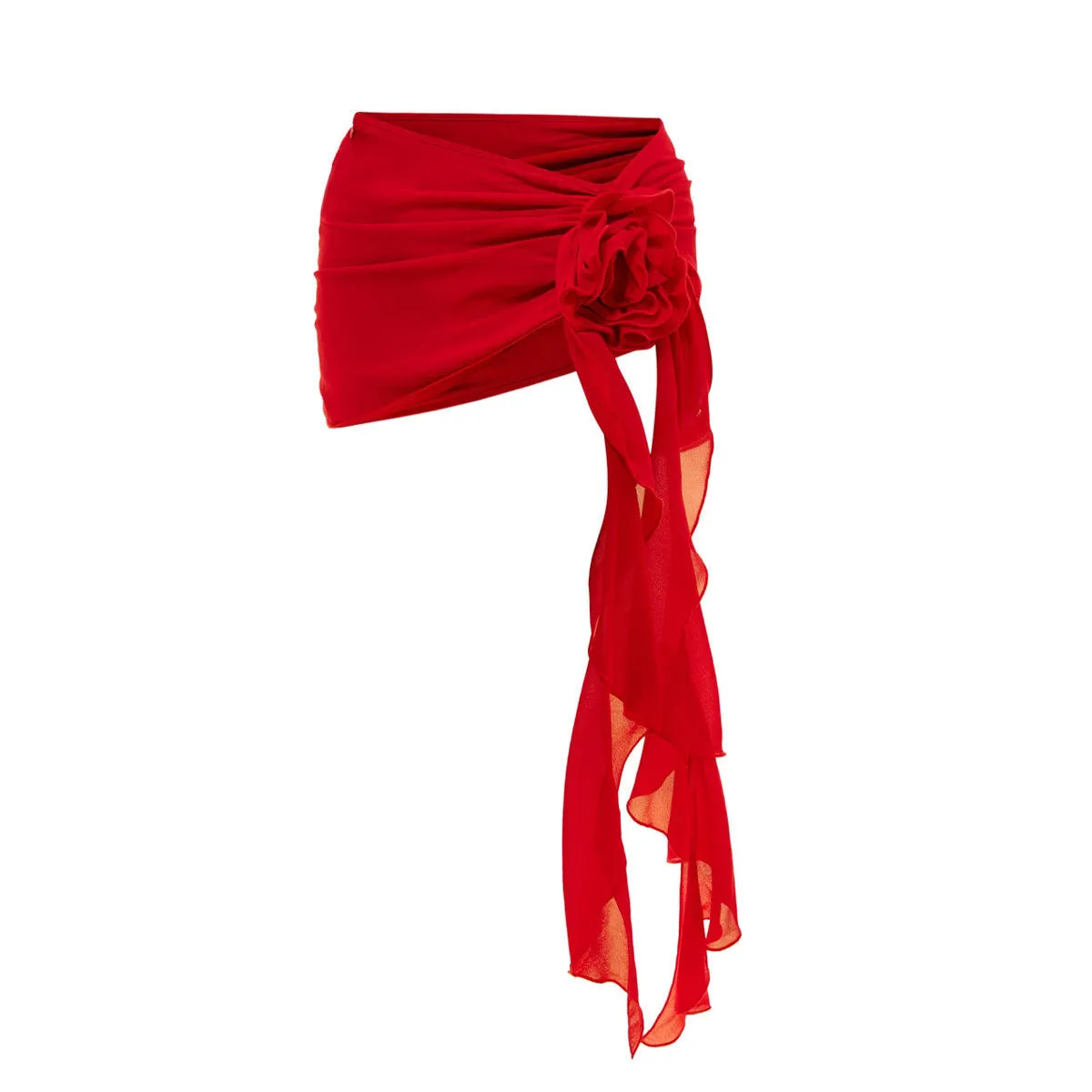 Red solid colour hollow out one piece swimsuit with matching short skirt set for women