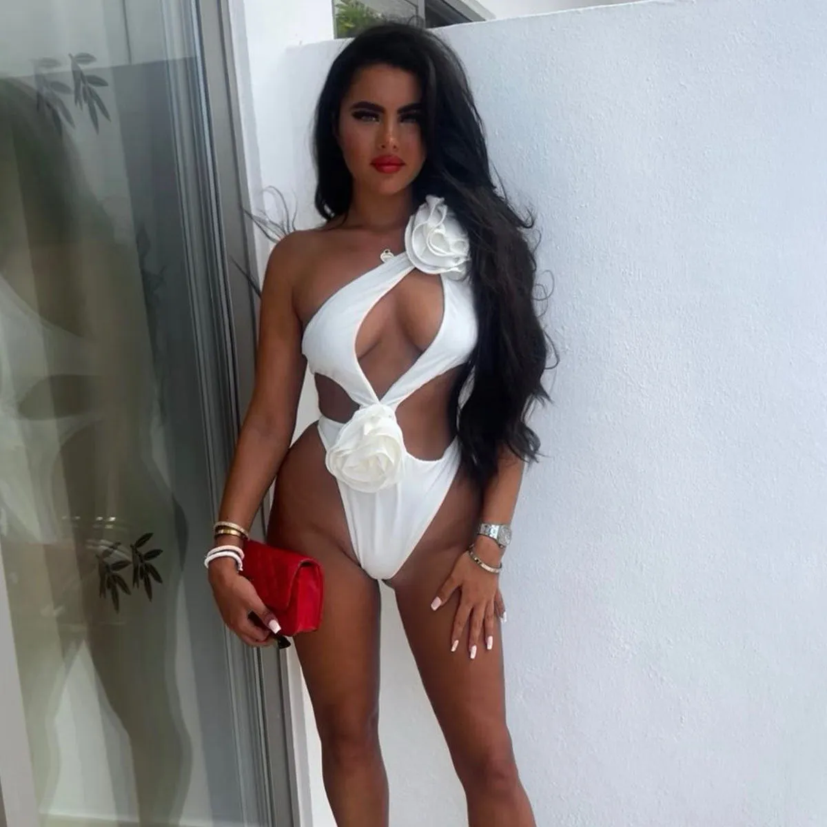 Red solid colour hollow out one piece swimsuit with matching short skirt set for women